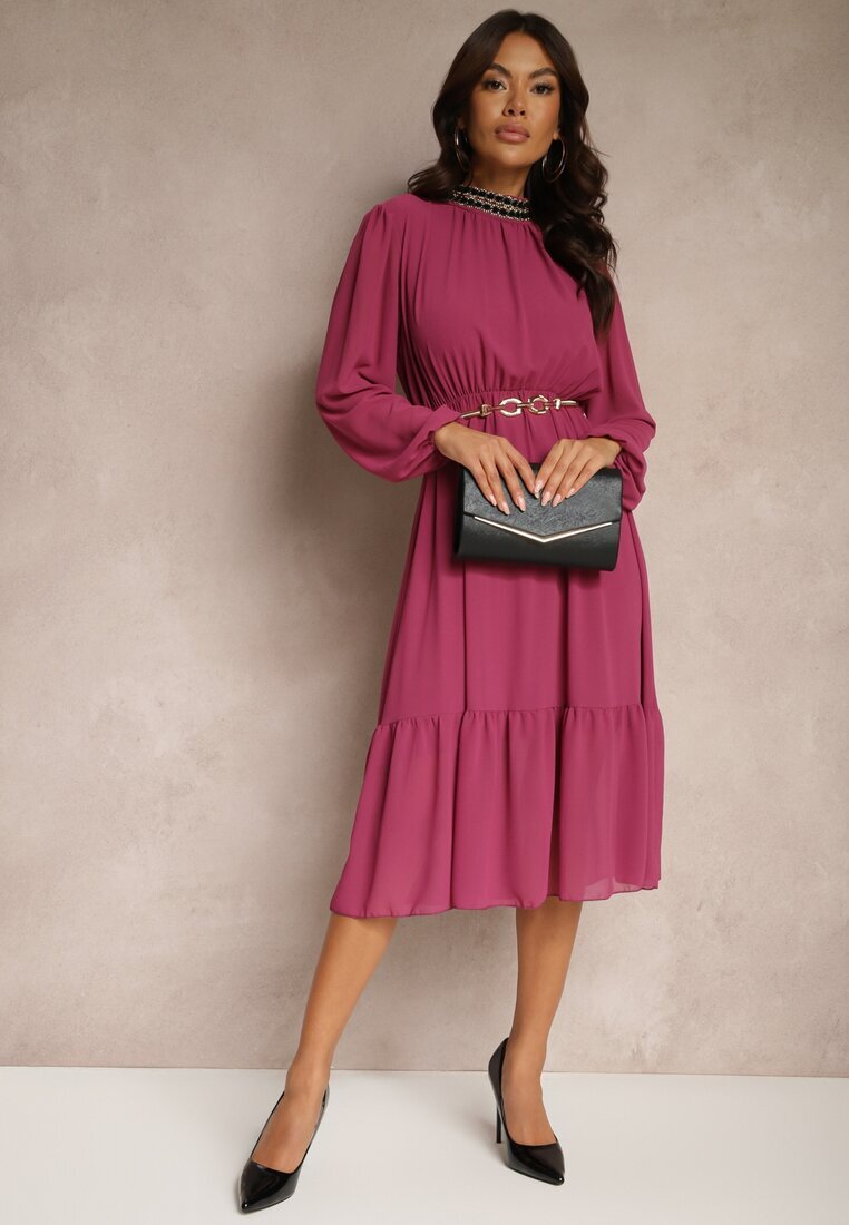 lovery Rochie Violet cu Aplicații cu guler înalt și cu Elastic în Talie Lilora