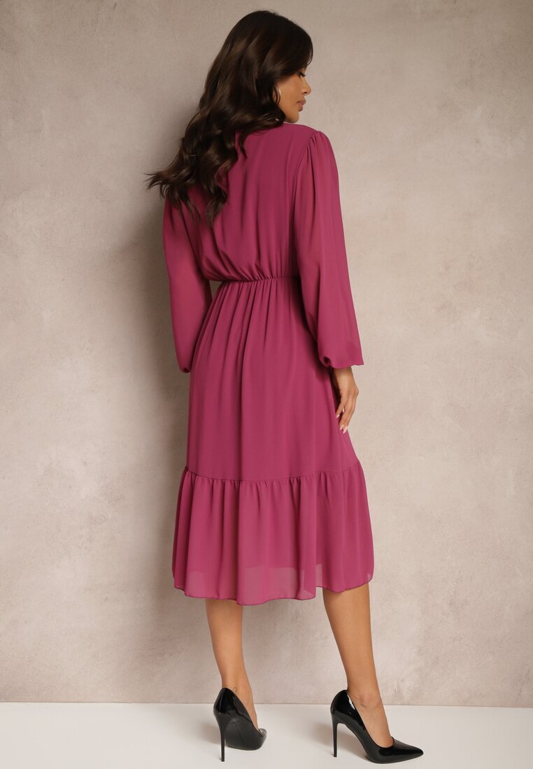 lovery Rochie Violet cu Aplicații cu guler înalt și cu Elastic în Talie Lilora