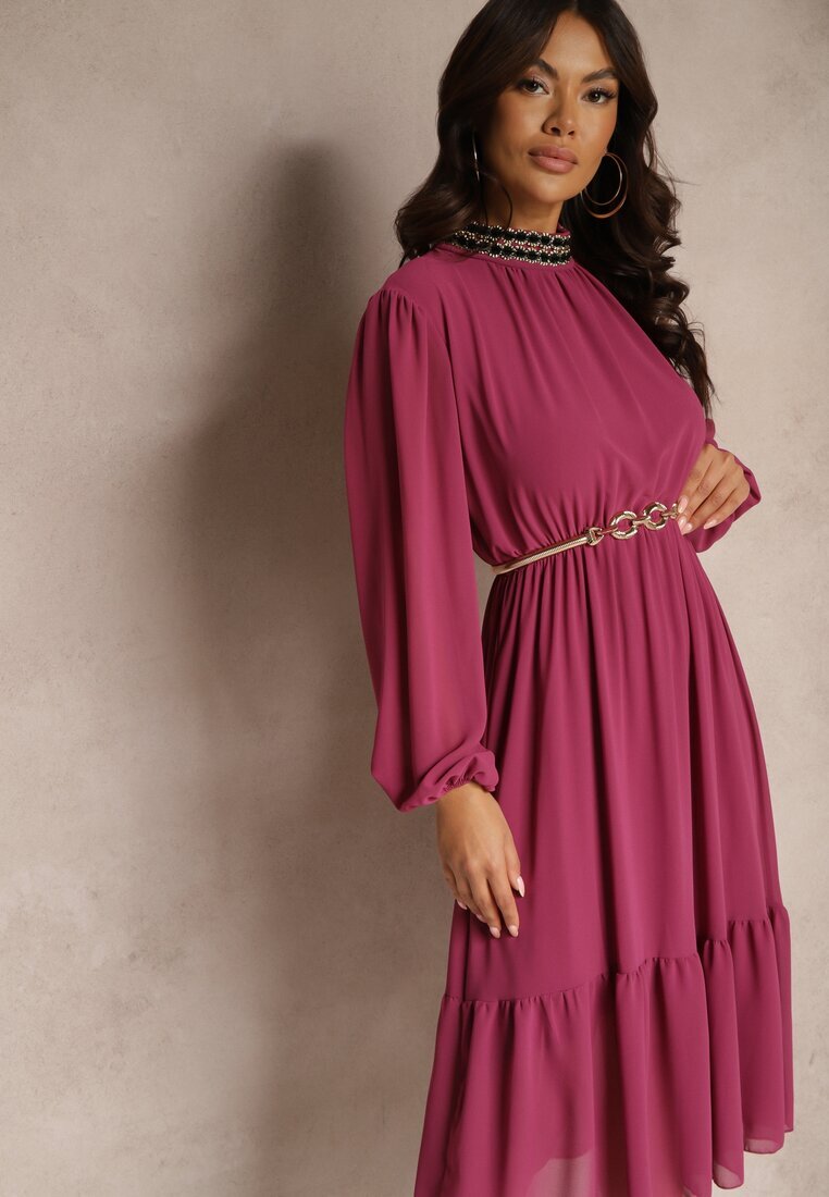 lovery Rochie Violet cu Aplicații cu guler înalt și cu Elastic în Talie Lilora