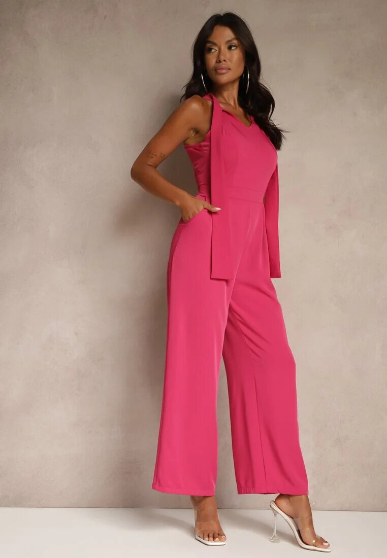 lovery Salopetă Fucsia Wide Leg cu legătură decorativă la gât Silelia
