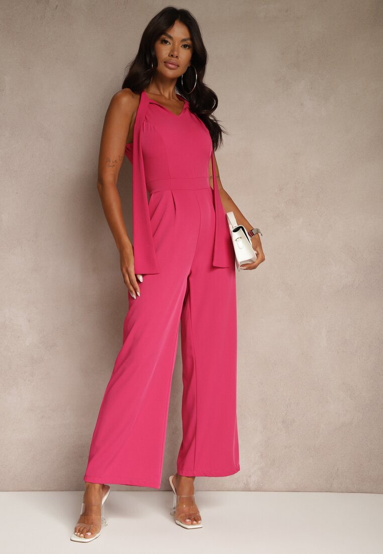 lovery Salopetă Fucsia Wide Leg cu legătură decorativă la gât Silelia