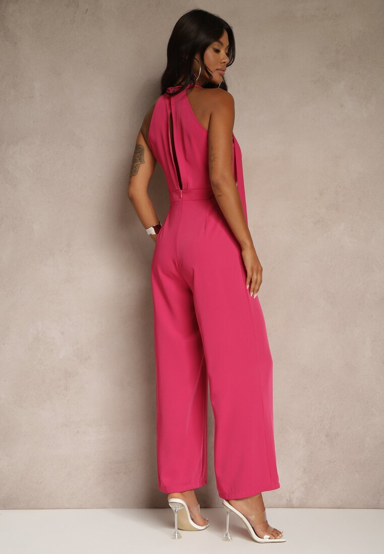 lovery Salopetă Fucsia Wide Leg cu legătură decorativă la gât Silelia