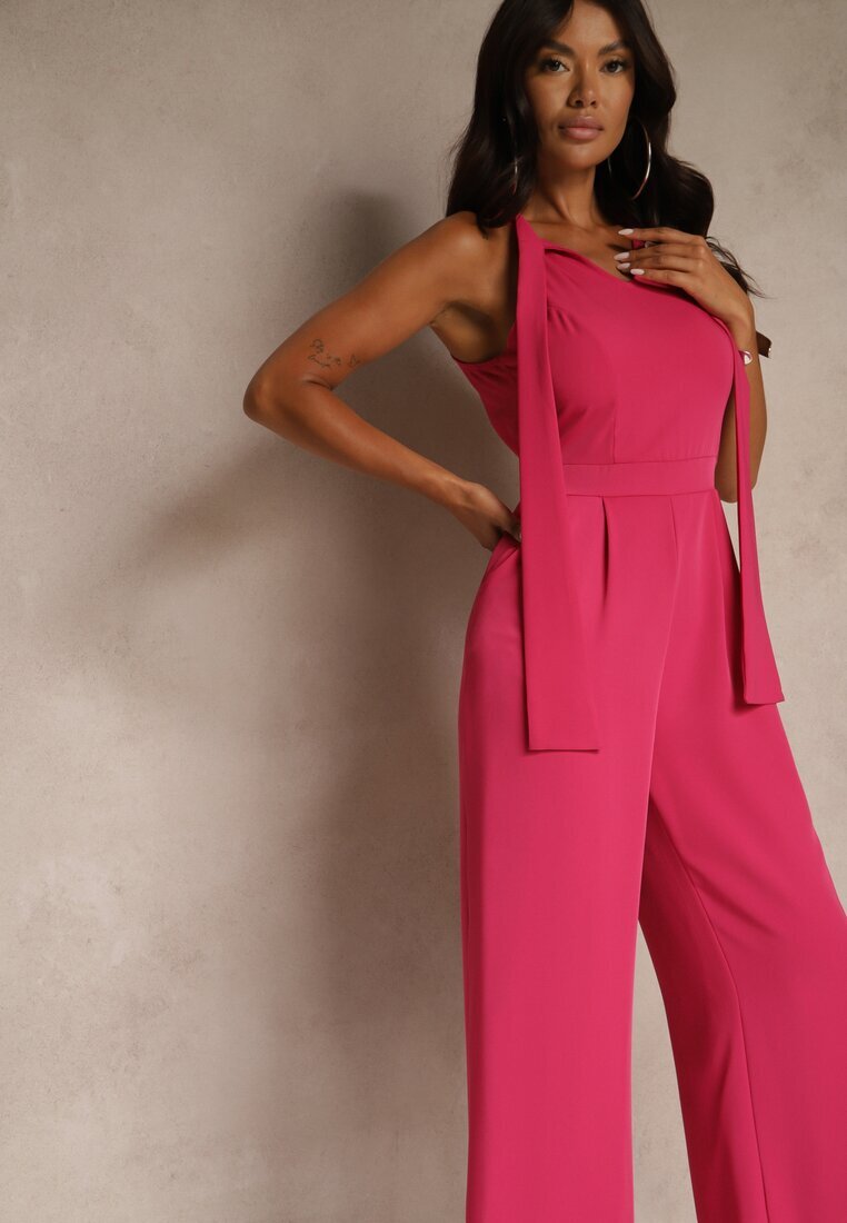 lovery Salopetă Fucsia Wide Leg cu legătură decorativă la gât Silelia