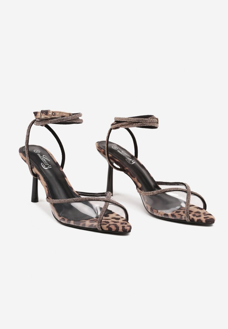 lovery Sandale Leopard cu zirconii cu toc stiletto cu barete decorative Balaa