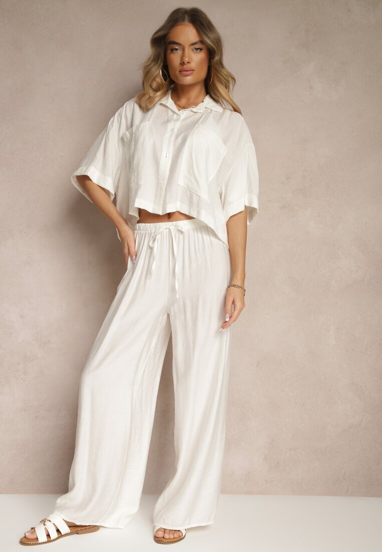 lovery Set Alb din Viscoză Croială Oversize Cămașă și Pantaloni Dovaraella