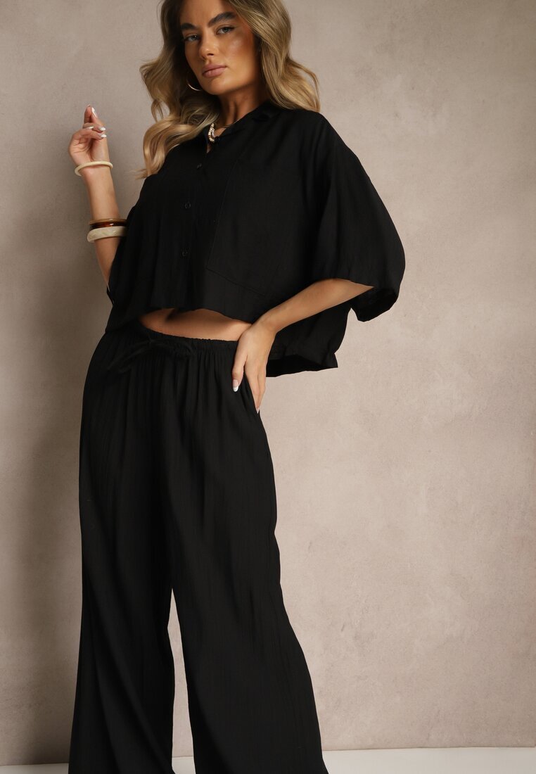 lovery Set Negru din Viscoză cu croială Oversize Cămașă și Pantaloni Dovaraella