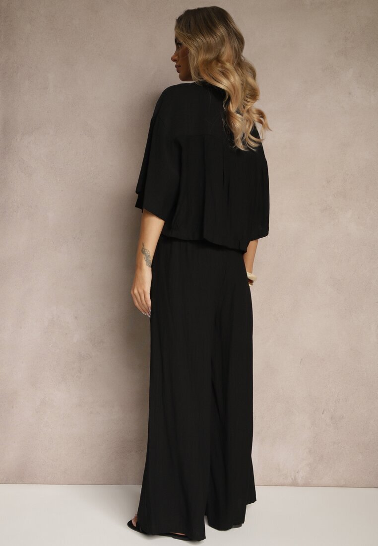 lovery Set Negru din Viscoză cu croială Oversize Cămașă și Pantaloni Dovaraella