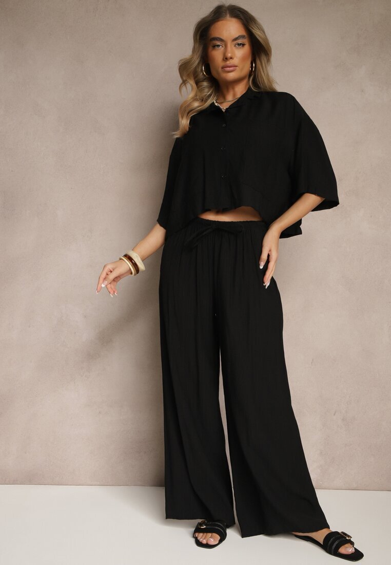 lovery Set Negru din Viscoză cu croială Oversize Cămașă și Pantaloni Dovaraella