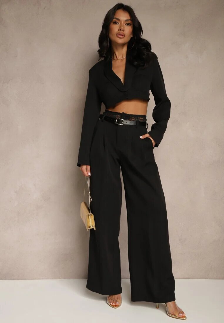 lovery Set Negru Pantaloni Largi și Sacou Scurt cu Cupe Întărite Liovea