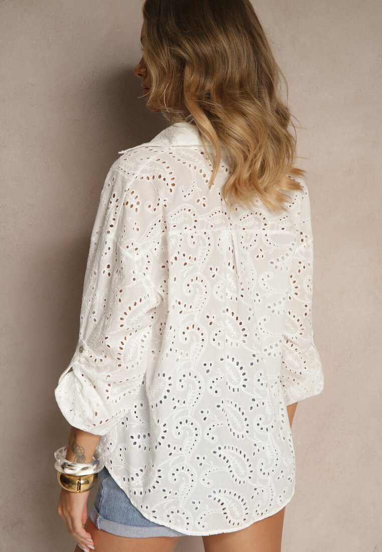 m&d fashion Cămașă Albă Ajurată din Bumbac Decorată cu Broderie Reivalora