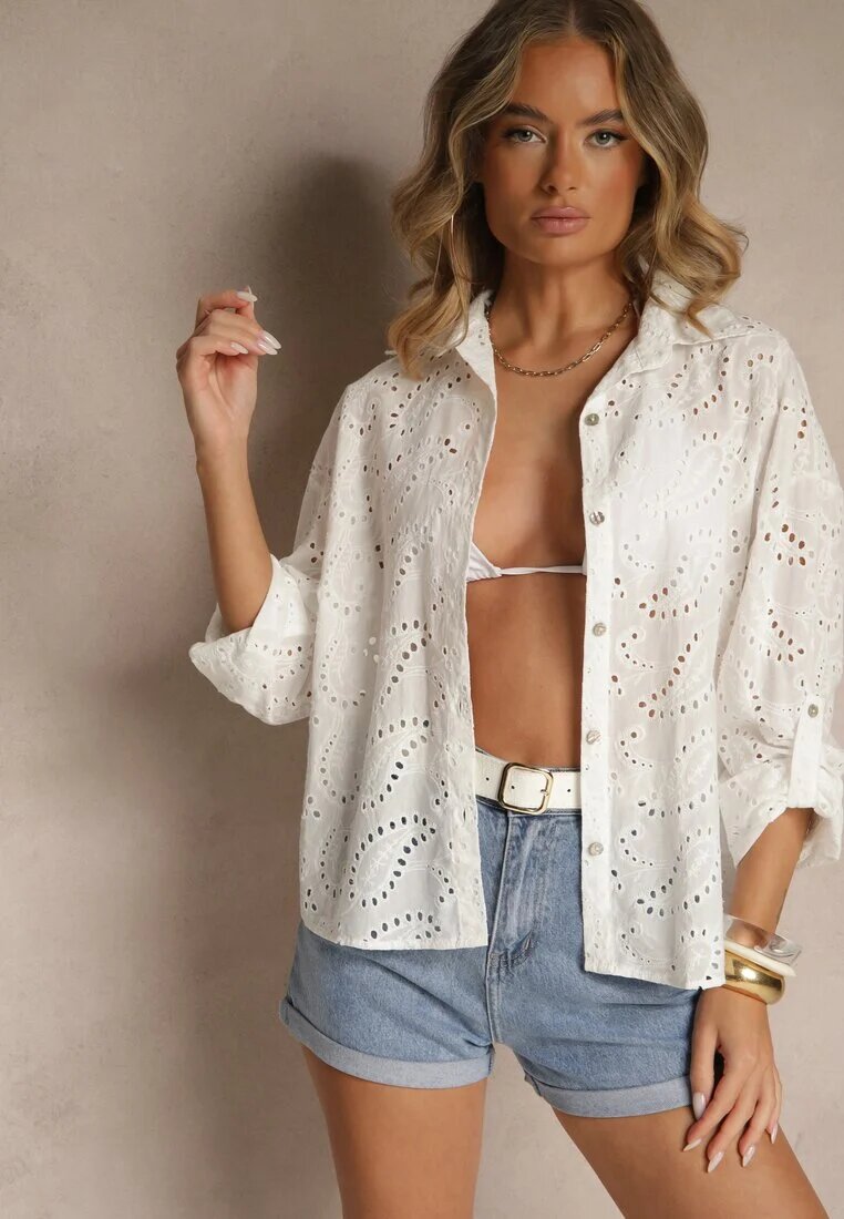 m&d fashion Cămașă Albă Ajurată din Bumbac Decorată cu Broderie Reivalora