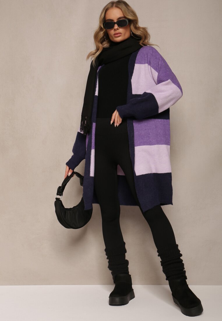 m&d fashion Cardigan Fioletowy Larg Deschis în Dungi Blikoze
