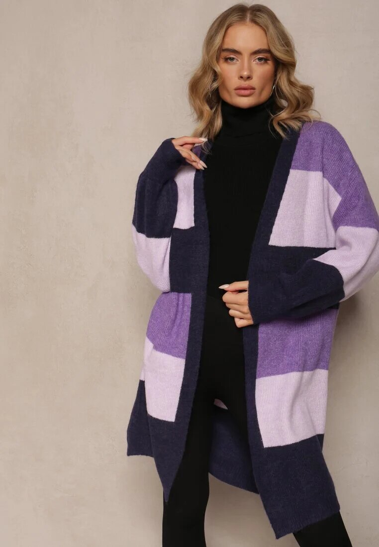 m&d fashion Cardigan Fioletowy Larg Deschis în Dungi Blikoze