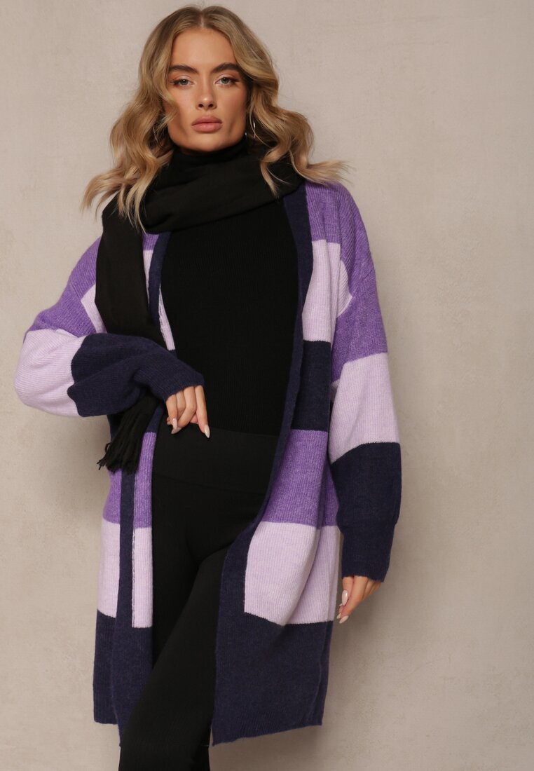m&d fashion Cardigan Fioletowy Larg Deschis în Dungi Blikoze