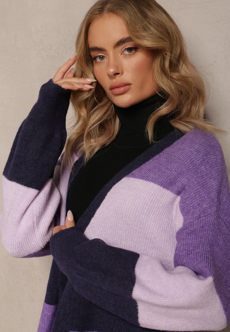 m&d fashion Cardigan Fioletowy Larg Deschis în Dungi Blikoze