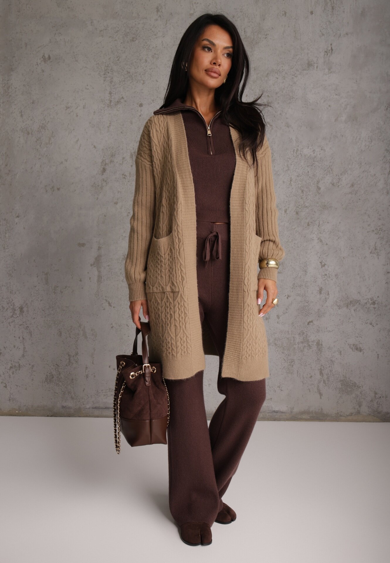 m&d fashion Cardigan lung decorat cu împletitură tip coadă de cal Nyrentia Bej