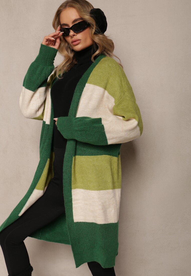 m&d fashion Cardigan Verde Lejer Neîncheiat în Dungi Blikoze