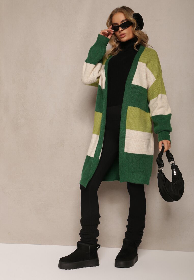 m&d fashion Cardigan Verde Lejer Neîncheiat în Dungi Blikoze