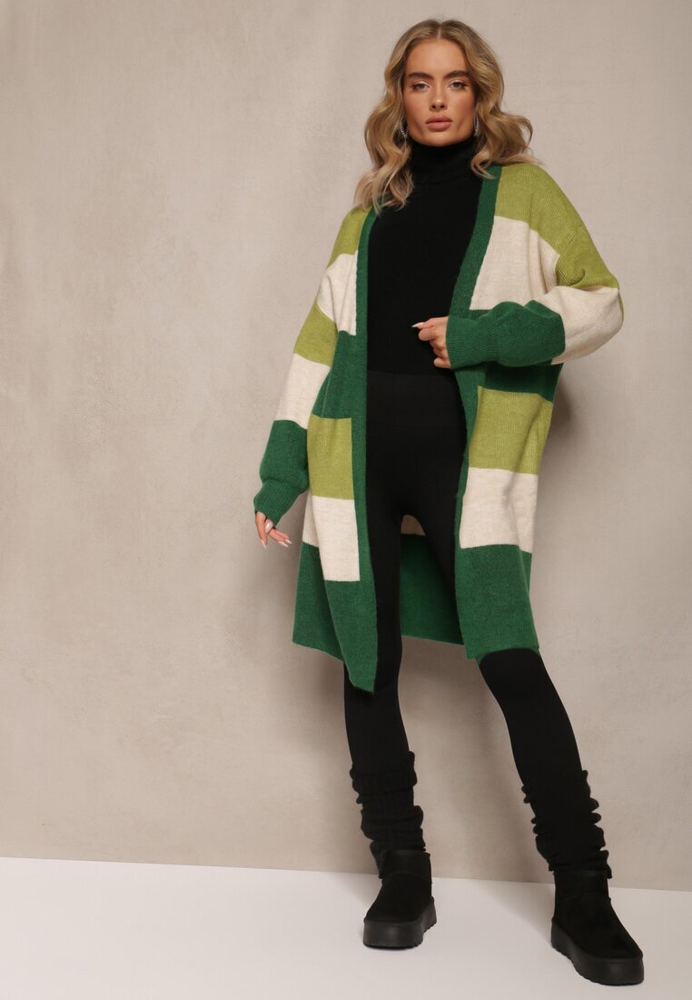 m&d fashion Cardigan Verde Lejer Neîncheiat în Dungi Blikoze
