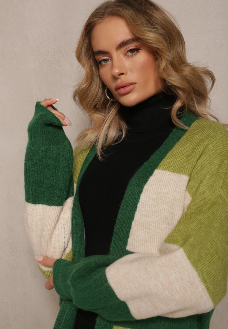 m&d fashion Cardigan Verde Lejer Neîncheiat în Dungi Blikoze