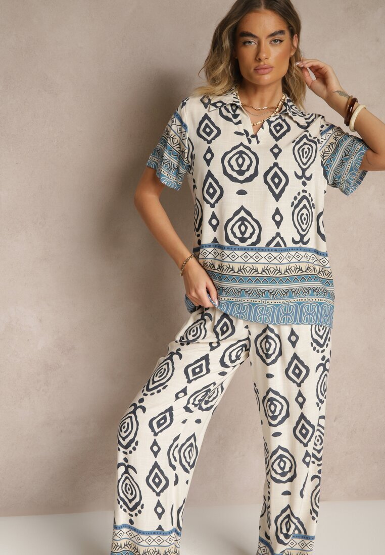 m&d fashion Compleu Albastru din Vascoză Pantaloni Largi și Bluză cu Imprimeu Boho Ralkio
