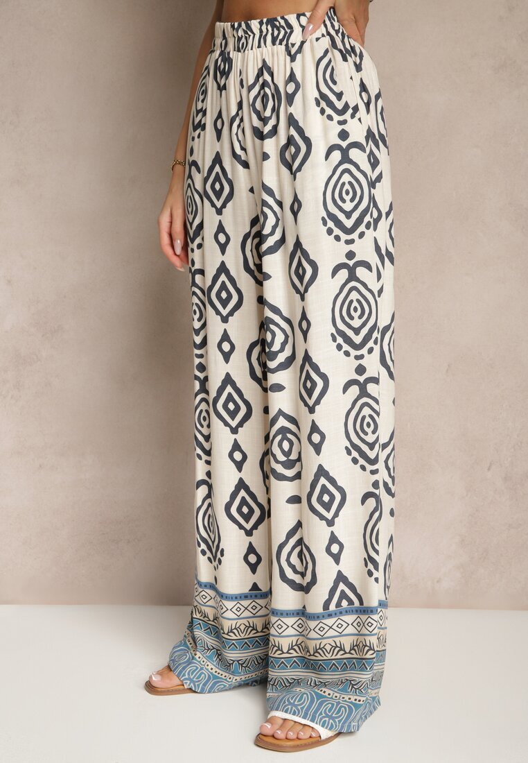 m&d fashion Compleu Albastru din Vascoză Pantaloni Largi și Bluză cu Imprimeu Boho Ralkio