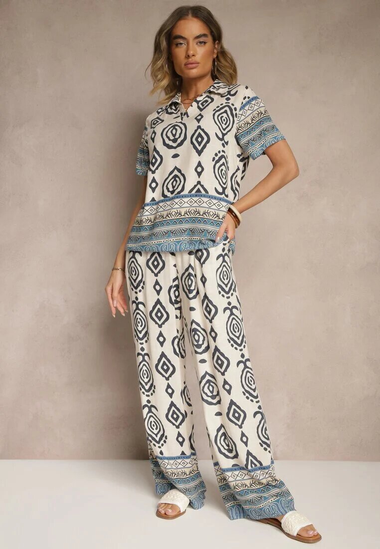 m&d fashion Compleu Albastru din Vascoză Pantaloni Largi și Bluză cu Imprimeu Boho Ralkio