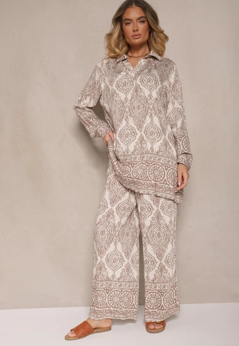 m&d fashion Compleu Bej închis din Vâscoză oversize Cămașă și Pantaloni Nilarithia