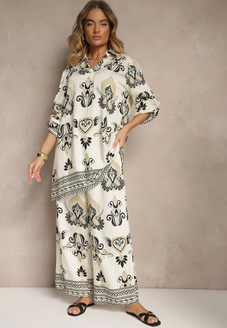 m&d fashion Compleu Bej-Negru din Viscoză Pantaloni Largi și Bluză în Stil Boho Rinadora