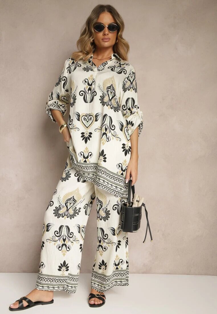 m&d fashion Compleu Bej-Negru din Viscoză Pantaloni Largi și Bluză în Stil Boho Rinadora