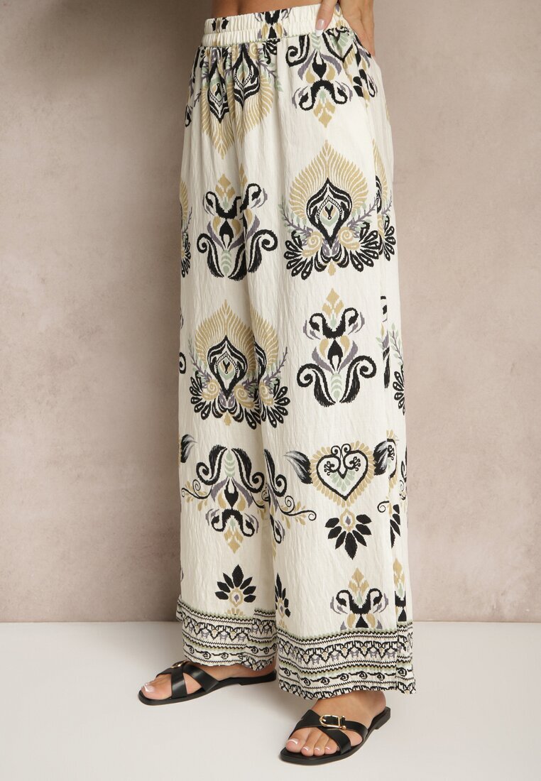 m&d fashion Compleu Bej-Negru din Viscoză Pantaloni Largi și Bluză în Stil Boho Rinadora