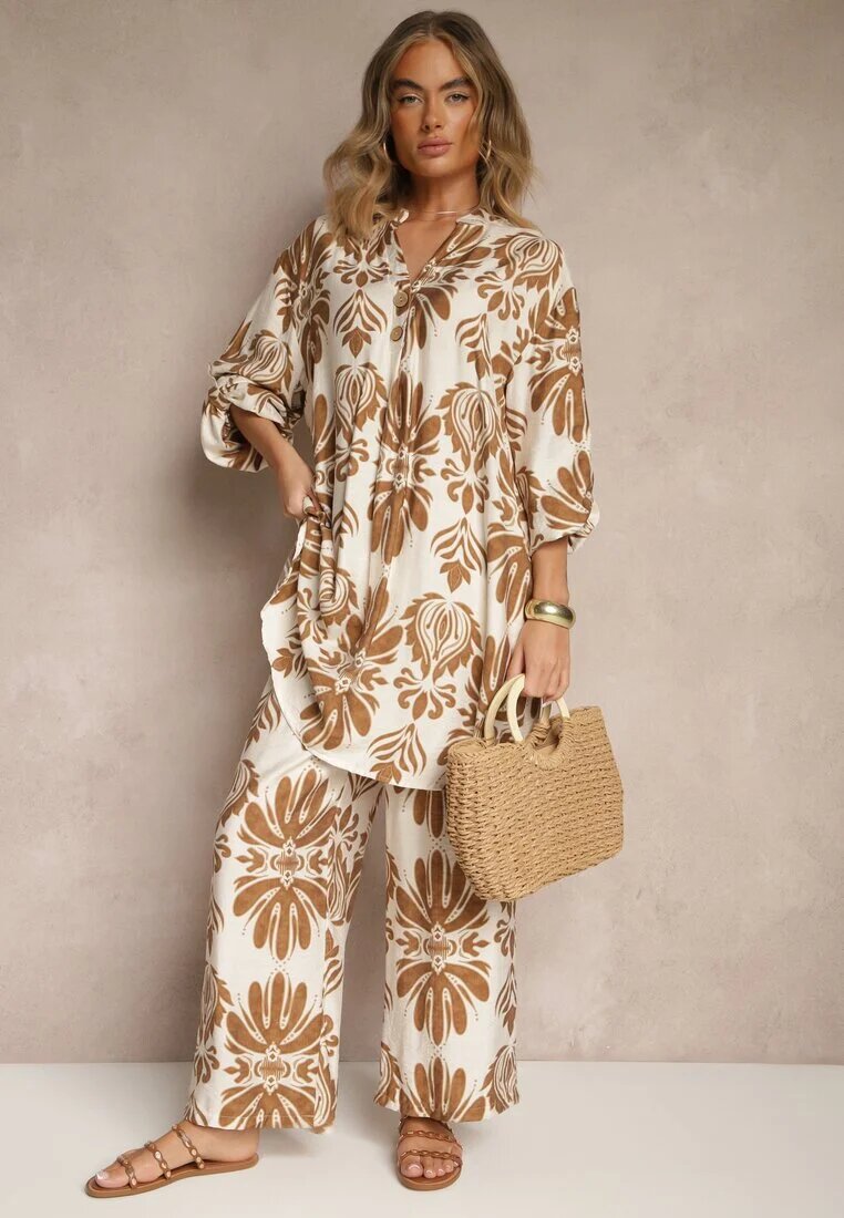 m&d fashion Compleu din viscoză bej închis Pantaloni largi și Cămașă lungă Rinviela