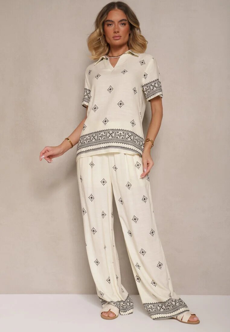 m&d fashion Compleu Viscoză Bej Deschis Bluză cu Guler și Pantaloni cu Croială Largă Janovaria