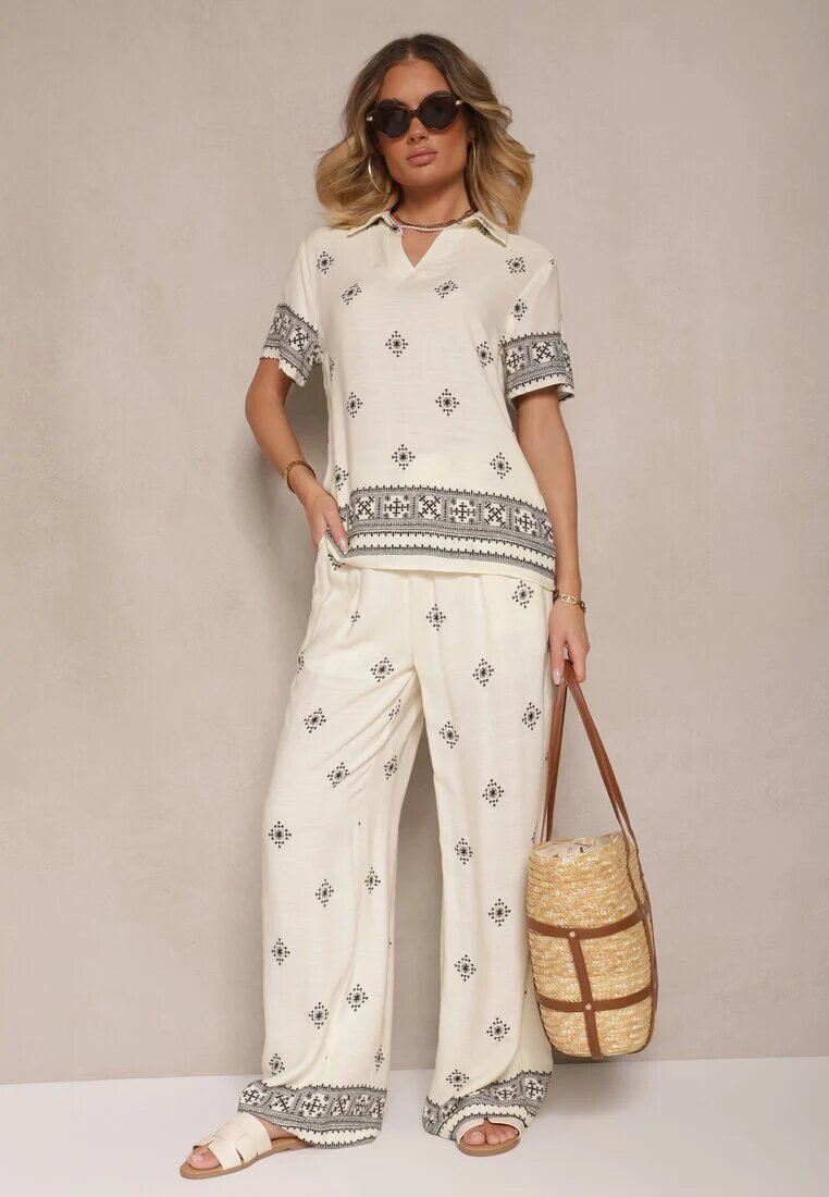 m&d fashion Compleu Viscoză Bej Deschis Bluză cu Guler și Pantaloni cu Croială Largă Janovaria
