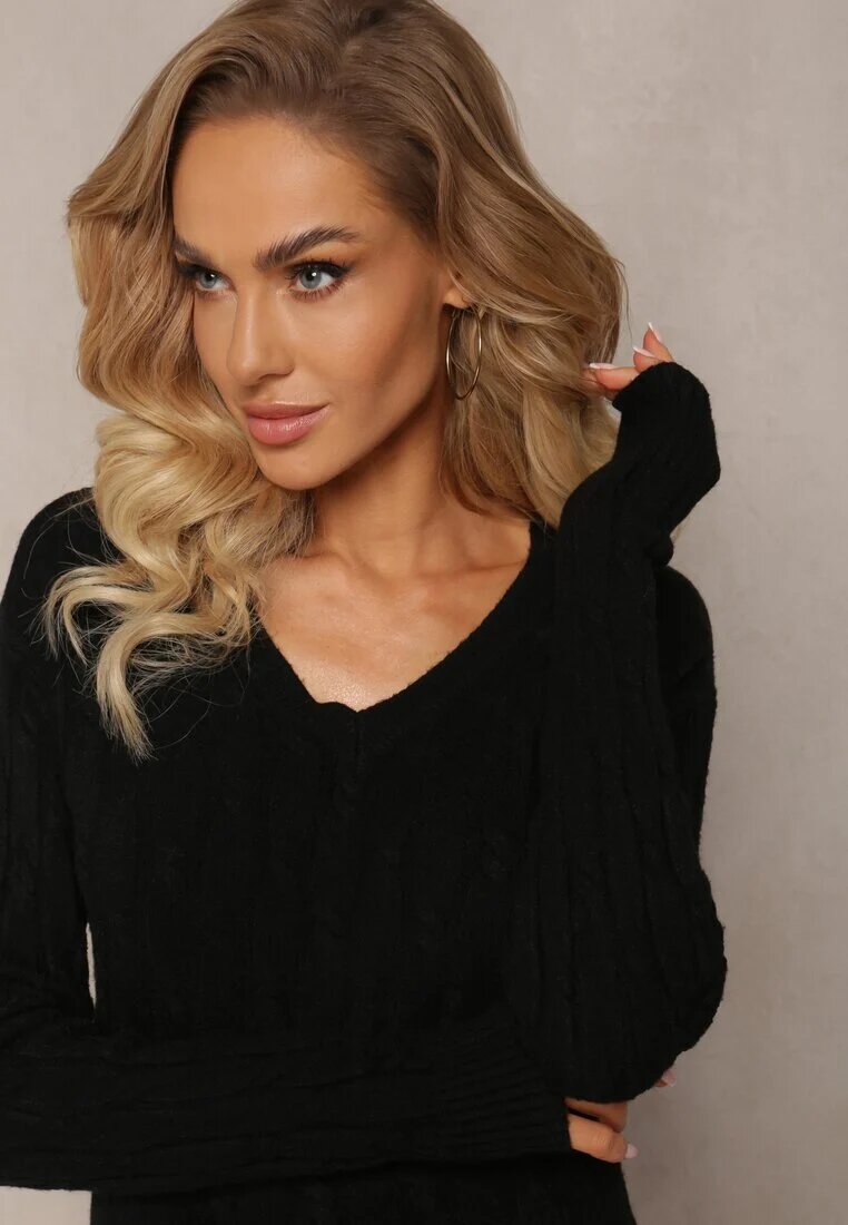 m&d fashion Pulover Negru cu Decolteu în V și cu Model Împletit Silmirra