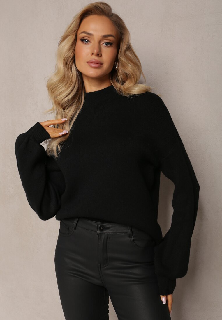 m&d fashion Pulover pe gât Negru Simplu cu nervuri Germifa