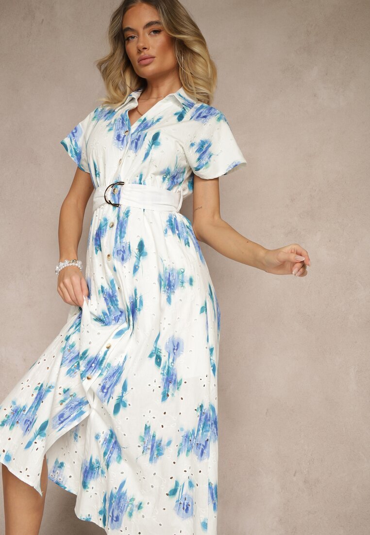 m&d fashion Rochie Alb-Albastru Din bumbac cu decorațiune ajurată cu croială tip cămașă cu curea Velpio