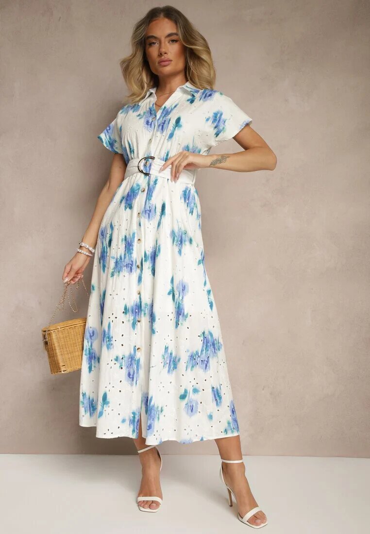 m&d fashion Rochie Alb-Albastru Din bumbac cu decorațiune ajurată cu croială tip cămașă cu curea Velpio