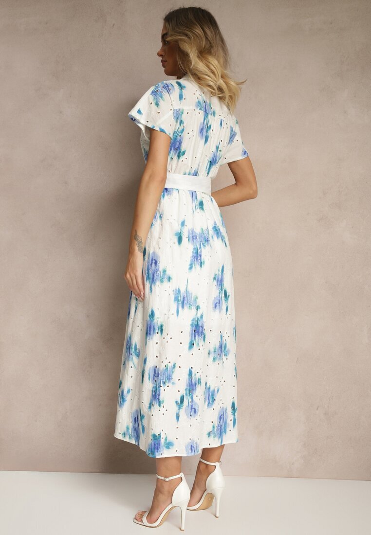 m&d fashion Rochie Alb-Albastru Din bumbac cu decorațiune ajurată cu croială tip cămașă cu curea Velpio