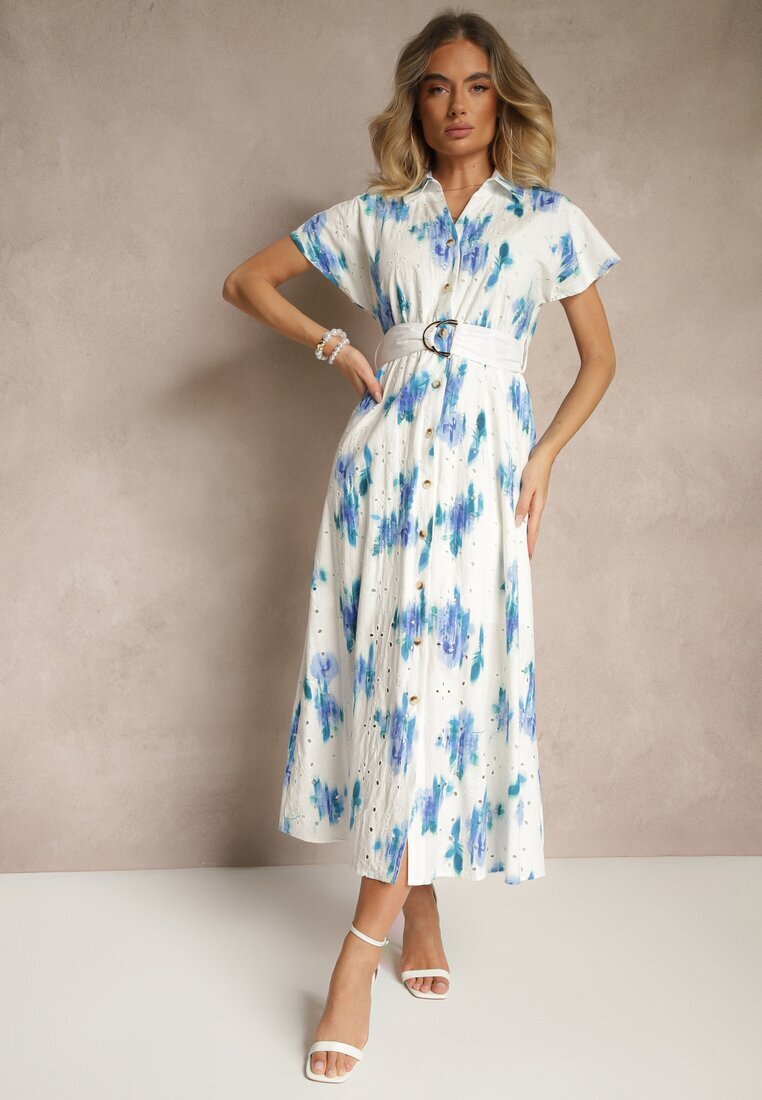 m&d fashion Rochie Alb-Albastru Din bumbac cu decorațiune ajurată cu croială tip cămașă cu curea Velpio