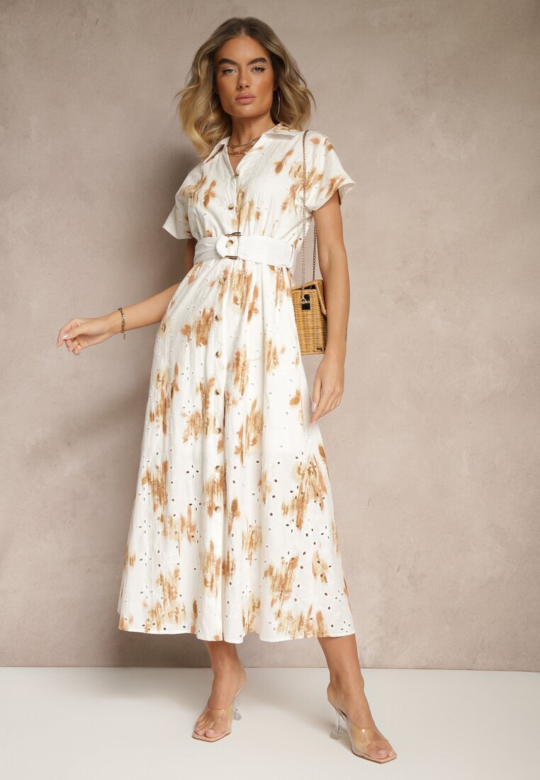 m&d fashion Rochie Albă-Portocalie De bumbac cu Broderie Ajurată cu Croială Tip Cămașă cu Curea Velpio