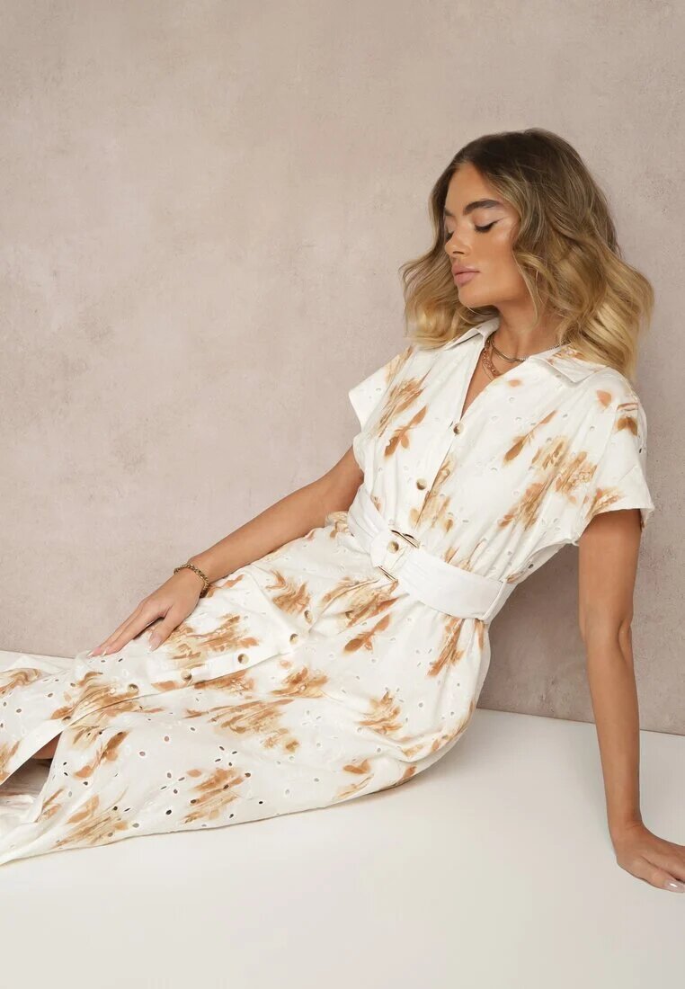 m&d fashion Rochie Albă-Portocalie De bumbac cu Broderie Ajurată cu Croială Tip Cămașă cu Curea Velpio
