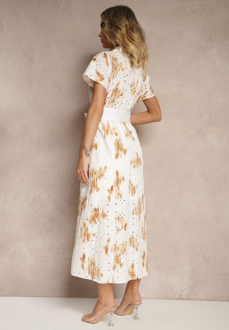 m&d fashion Rochie Albă-Portocalie De bumbac cu Broderie Ajurată cu Croială Tip Cămașă cu Curea Velpio