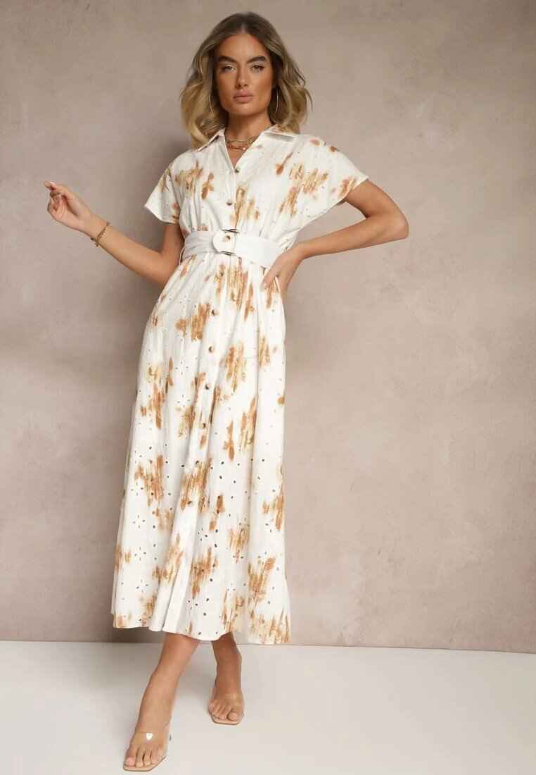 m&d fashion Rochie Albă-Portocalie De bumbac cu Broderie Ajurată cu Croială Tip Cămașă cu Curea Velpio