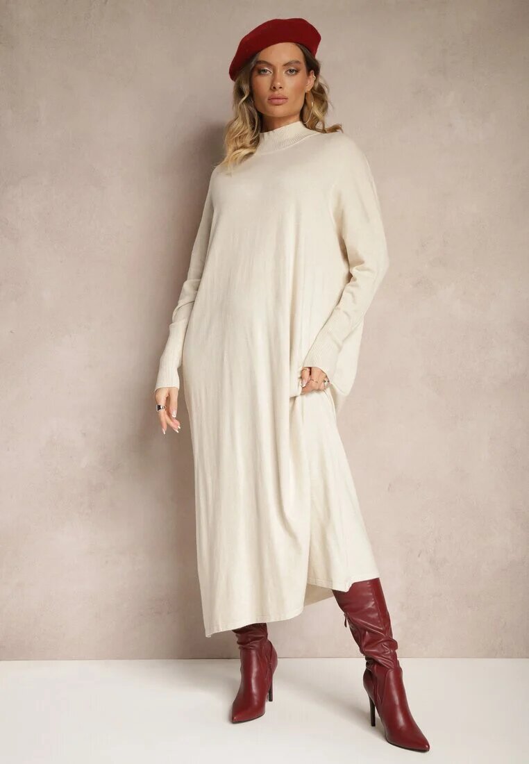 m&d fashion Rochie Albă Tip cutie Tricotată cu Viscoză și Guler înalt Rinnine