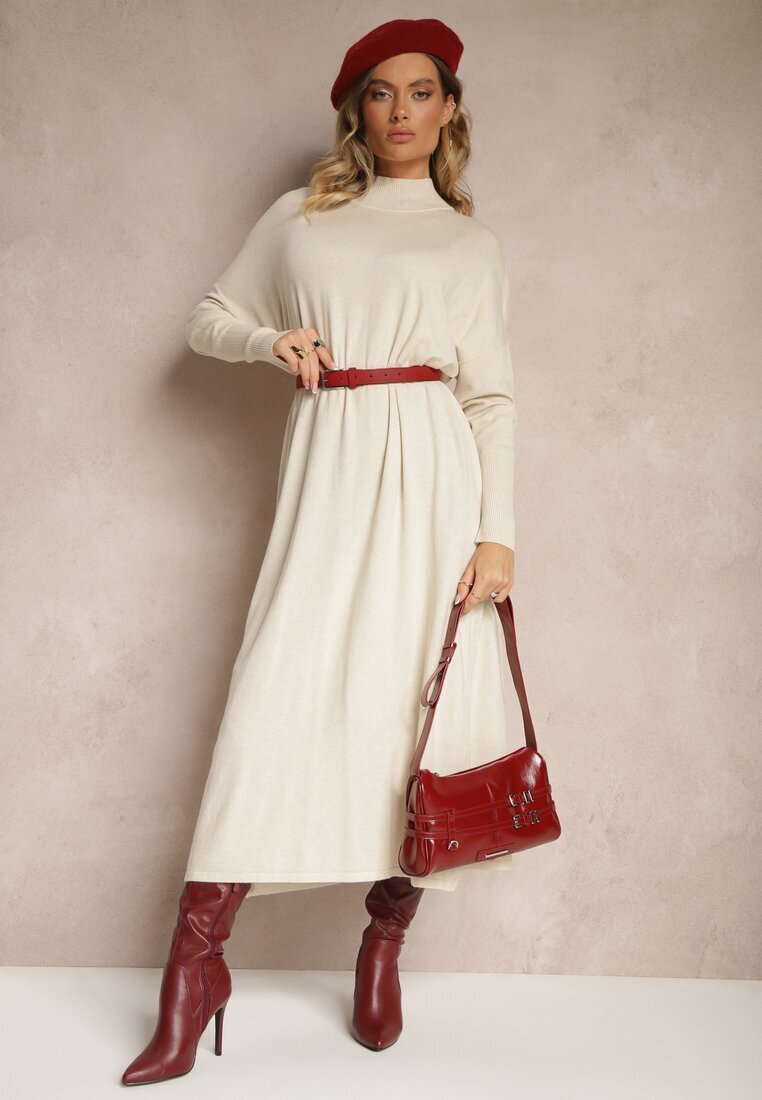 m&d fashion Rochie Albă Tip cutie Tricotată cu Viscoză și Guler înalt Rinnine