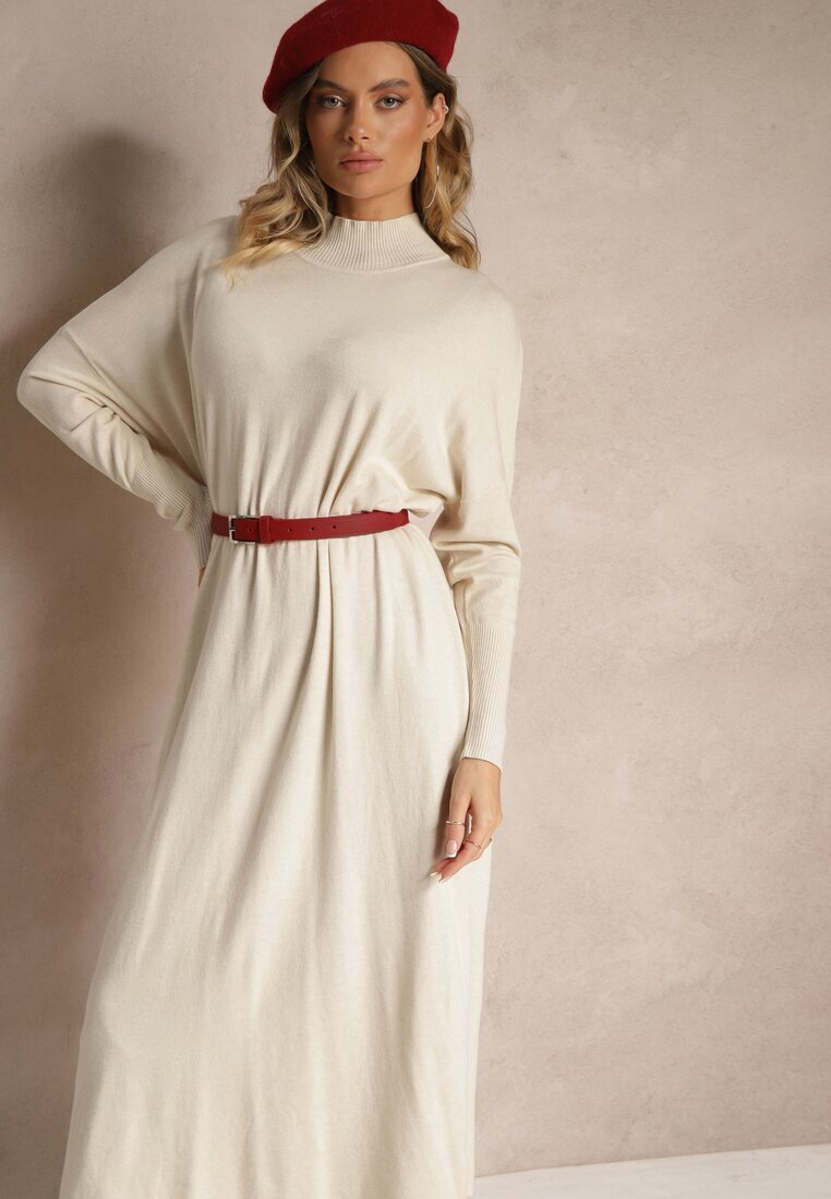 m&d fashion Rochie Albă Tip cutie Tricotată cu Viscoză și Guler înalt Rinnine