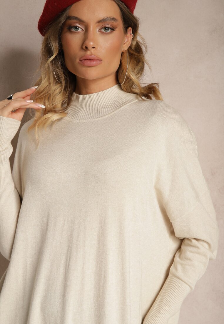 m&d fashion Rochie Albă Tip cutie Tricotată cu Viscoză și Guler înalt Rinnine