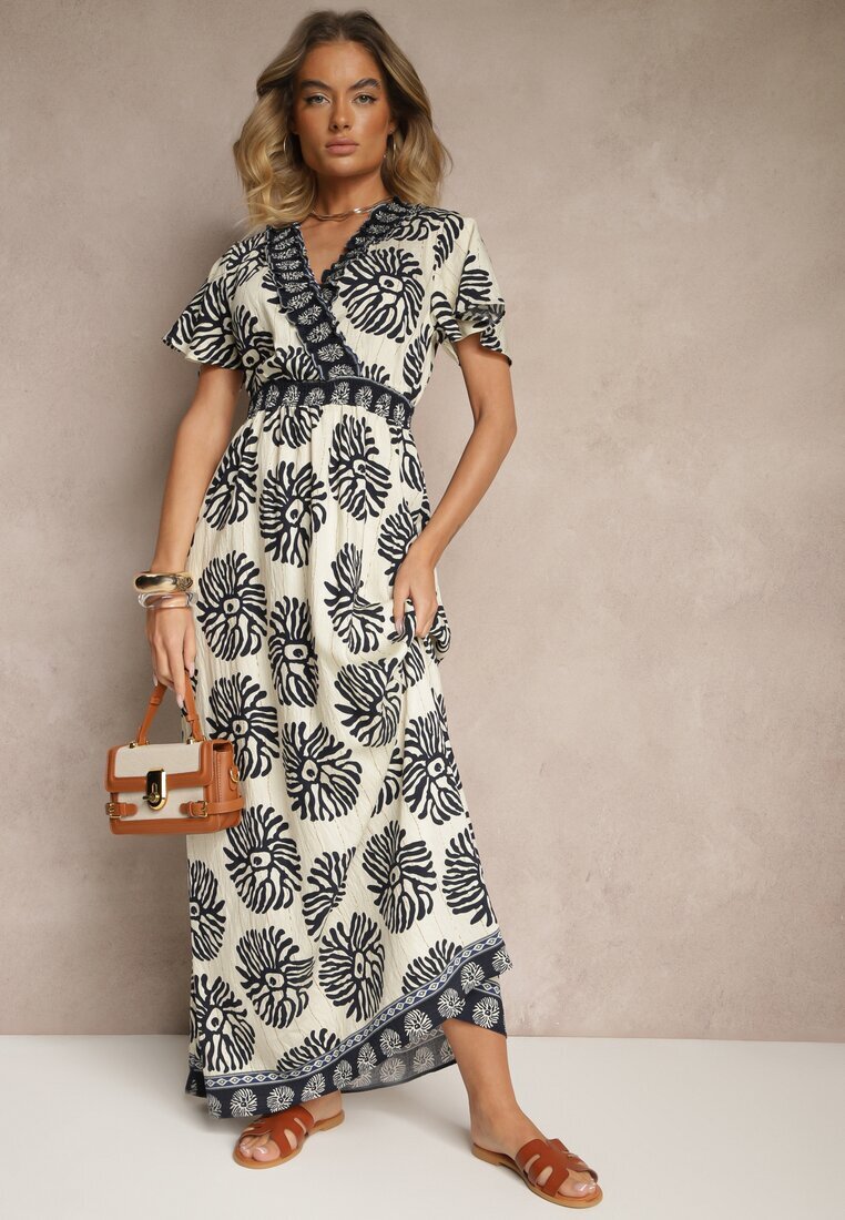 m&d fashion Rochie albastră cu imprimeu boho din viscoză evazată cu decolteu în V Palarina
