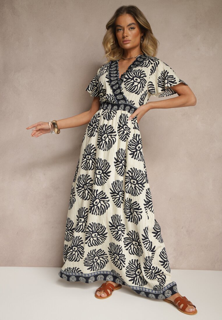 m&d fashion Rochie albastră cu imprimeu boho din viscoză evazată cu decolteu în V Palarina
